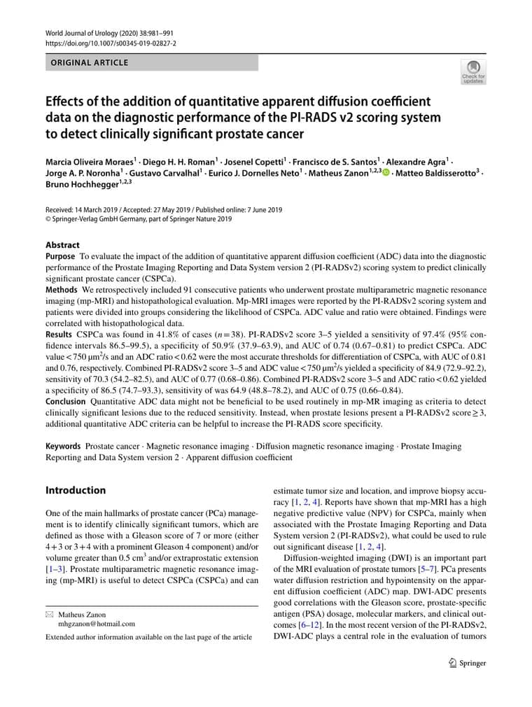 Primeira página do artigo: Effects of the addition of quantitative apparent diffusion coefficient data on the diagnostic performance of the PI-RADS v2 scoring system to detect clinically significant prostate cancer