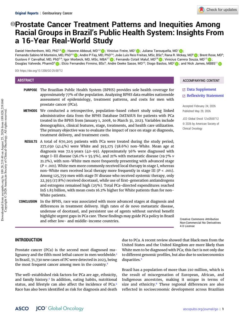Primeira página do artigo: Prostate Cancer Treatment Patterns and Inequities Among Racial Groups in Brazil's Public Health System: Insights From a 16-Year Real-World Study