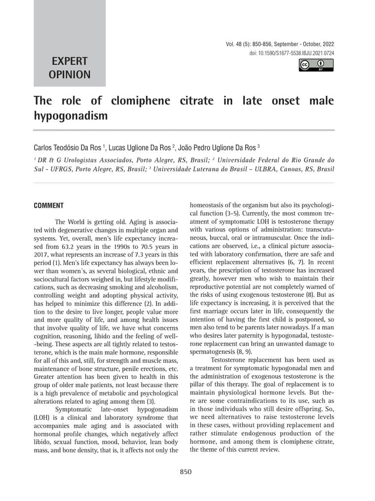 Primeira página do artigo: The role of clomiphene citrate in late onset male hypogonadism