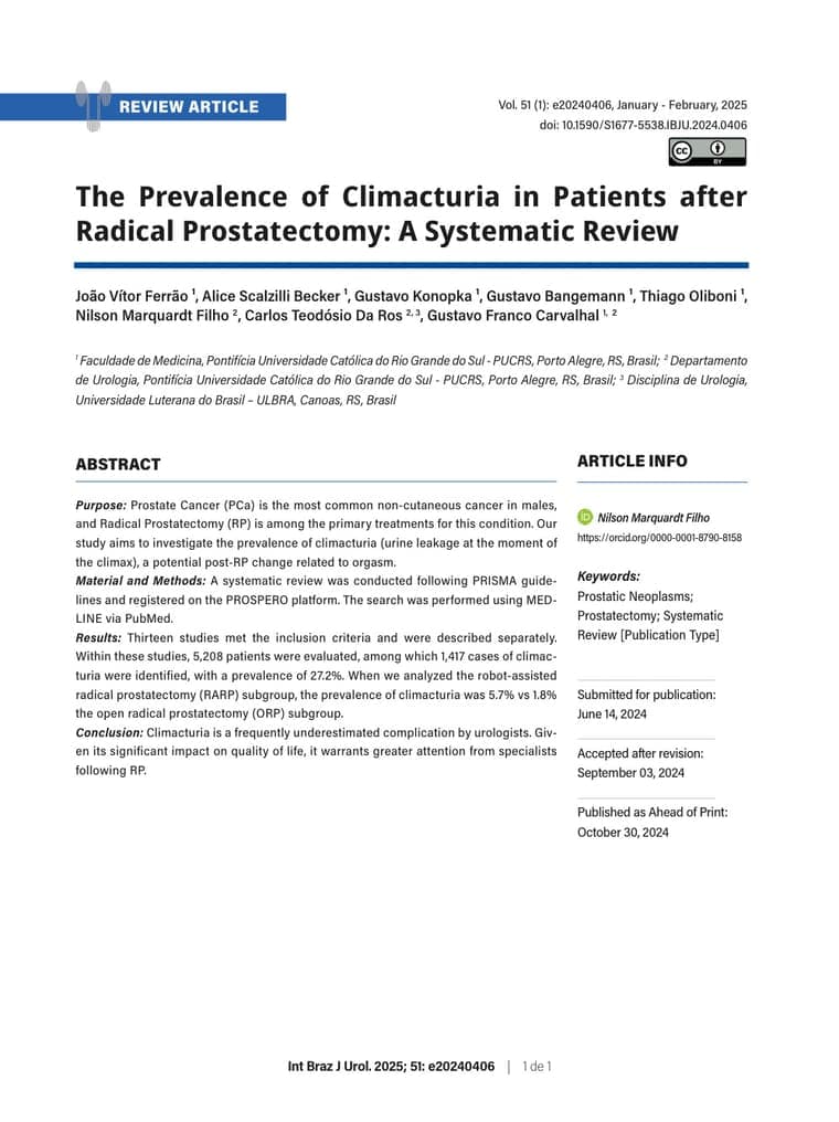 Primeira página do artigo: The Prevalence of Climacturia in Patients after Radical Prostatectomy: A Systematic Review
