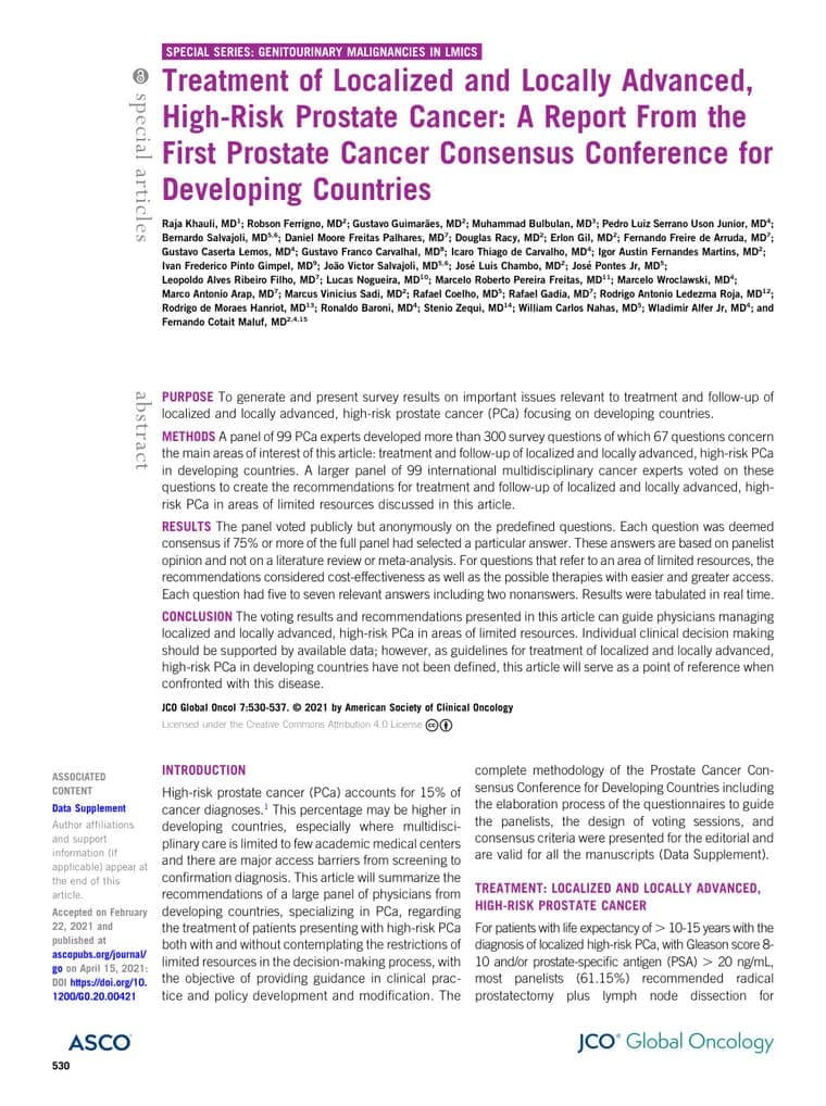 Primeira página do artigo: Treatment of Localized and Locally Advanced, High-Risk Prostate Cancer: A Report From the First Prostate Cancer Consensus Conference for Developing Countries