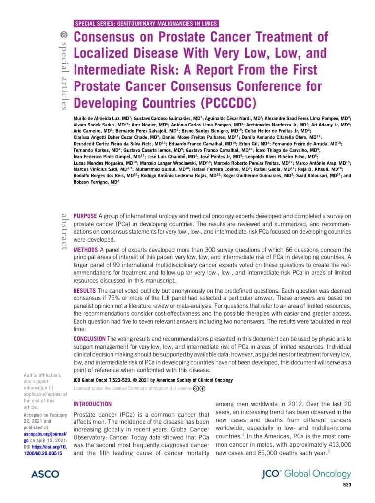 Primeira página do artigo: Consensus on Prostate Cancer Treatment of Localized Disease With Very Low, Low, and Intermediate Risk: A Report From the First Prostate Cancer Consensus Conference for Developing Countries (PCCCDC)