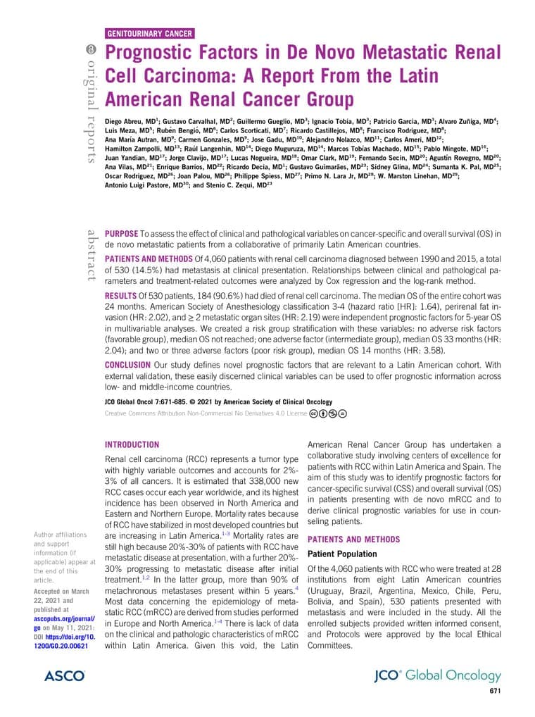 Primeira página do artigo: Prognostic Factors in De Novo Metastatic Renal Cell Carcinoma: A Report From the Latin American Renal Cancer Group