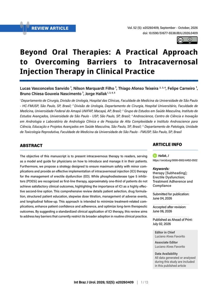 Primeira página do artigo: Beyond Oral Therapies: A Practical Approach to Overcoming Barriers to Intracavernosal Injection Therapy in Clinical Practice