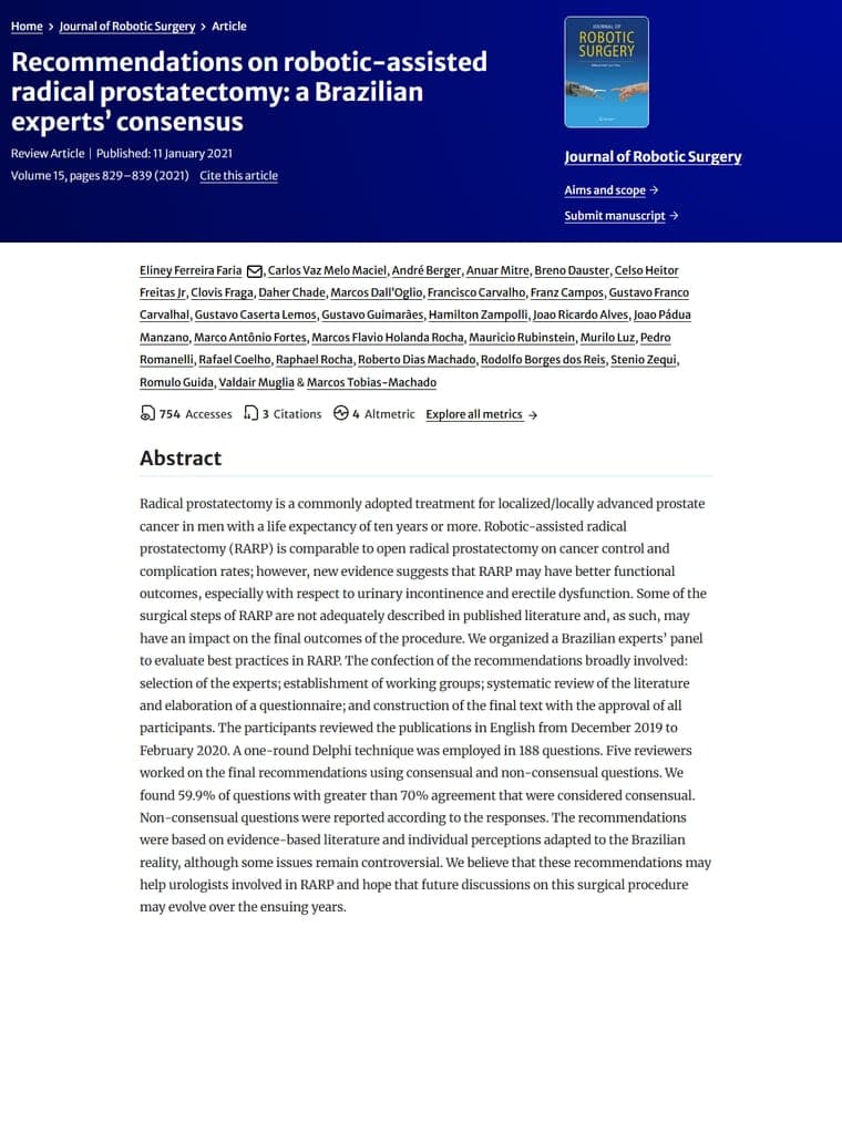 Primeira página do artigo: Recommendations on robotic-assisted radical prostatectomy: a Brazilian experts' consensus