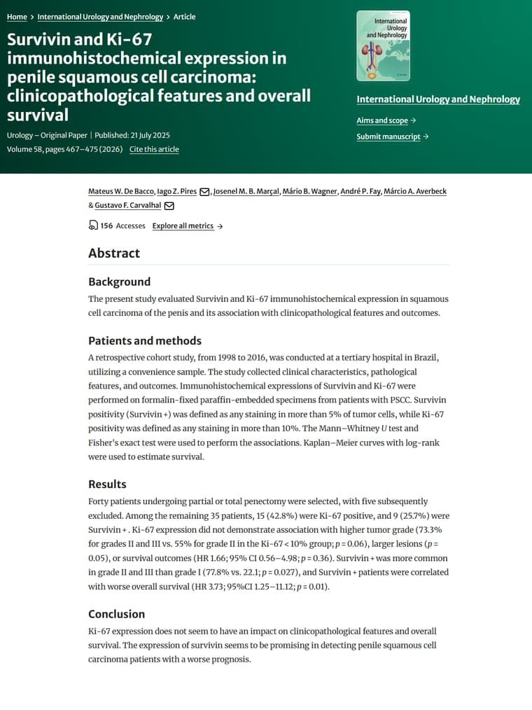 Primeira página do artigo: Survivin and Ki-67 immunohistochemical expression in penile squamous cell carcinoma: clinicopathological features and overall survival